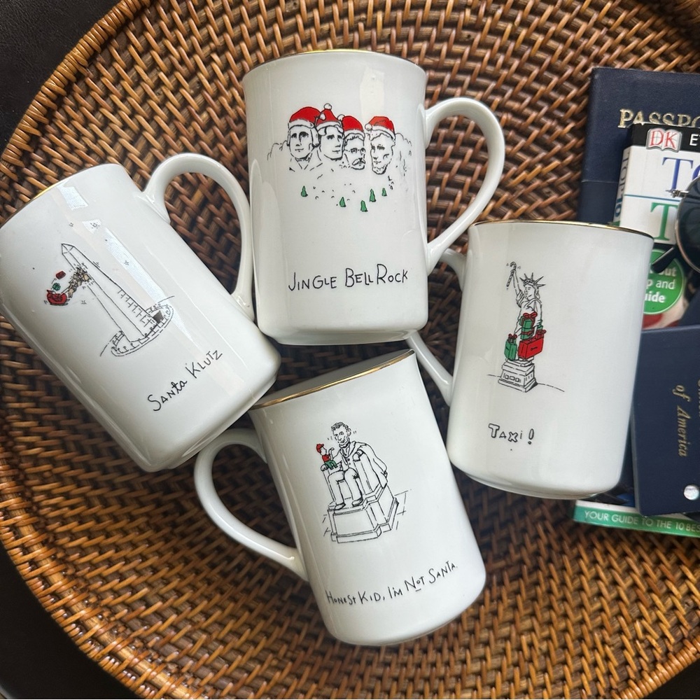 Merry Masterpieces Vintage Porcelain 4 Mug Set USA America Christmas